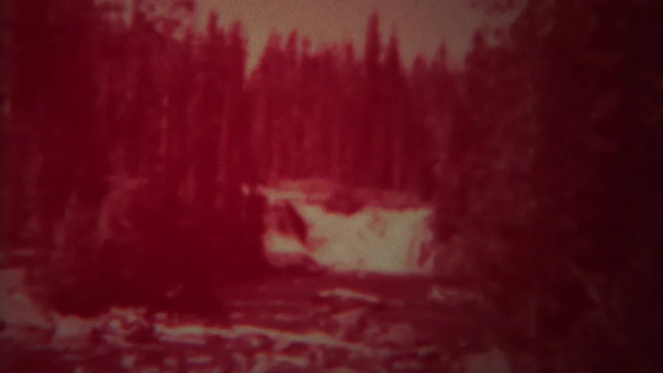 1967 Yellowstone 8mm frame showing a bright forest stream winding through dense trees under a strong red tint.