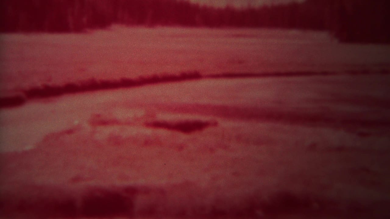 1967 Yellowstone home-movie frame showing a red-shifted winter landscape, pale frozen-looking ground, and distant dark trees.