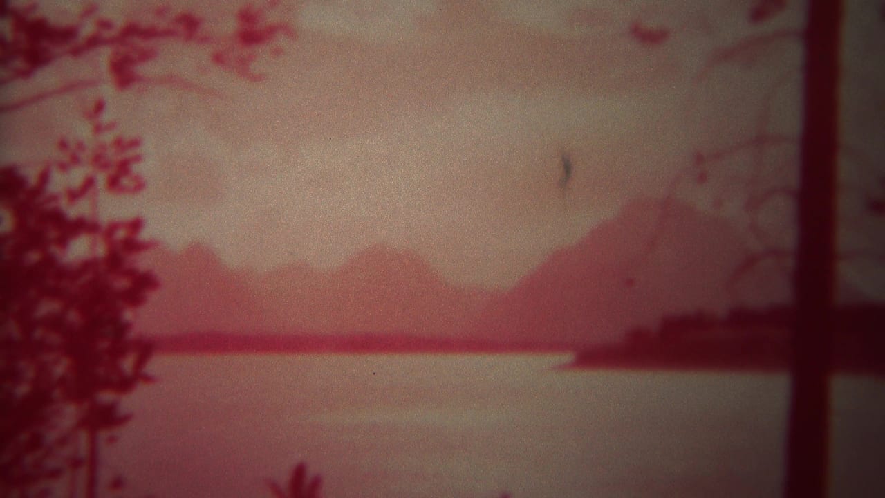 Soft red lake landscape with tree branches and mountain silhouettes in the distance.
