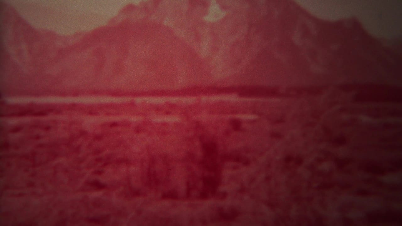 Soft red landscape with mountains, plain, and darker foreground brush.
