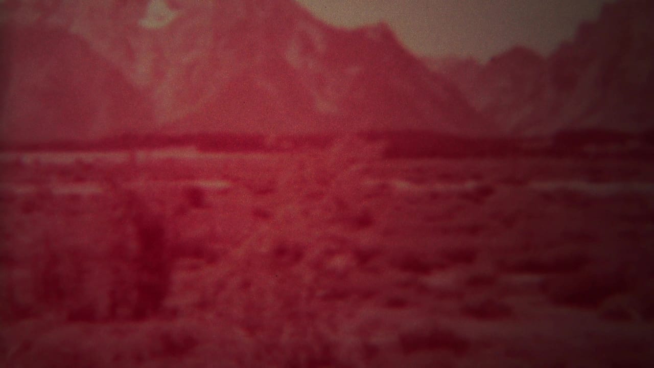 1967 Yellowstone, Wyoming 8mm frame showing a red-tinted open valley, low shrubs, scattered trees, and rugged mountains in soft focus.
