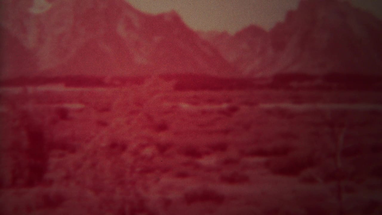 Soft red landscape frame with shrubs, dark tree shapes, and mountains beyond.