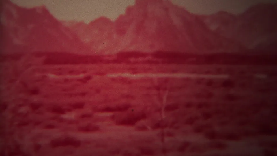 1967 Yellowstone, Wyoming 8mm frame showing red-tinted open terrain, a slender foreground tree or shrub, distant mountains, and hazy sky.