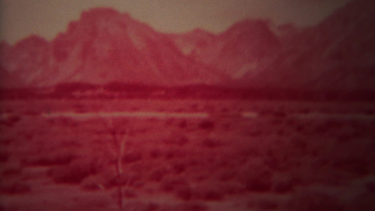 Wide red-tinted landscape with scrub vegetation and mountains on the horizon.