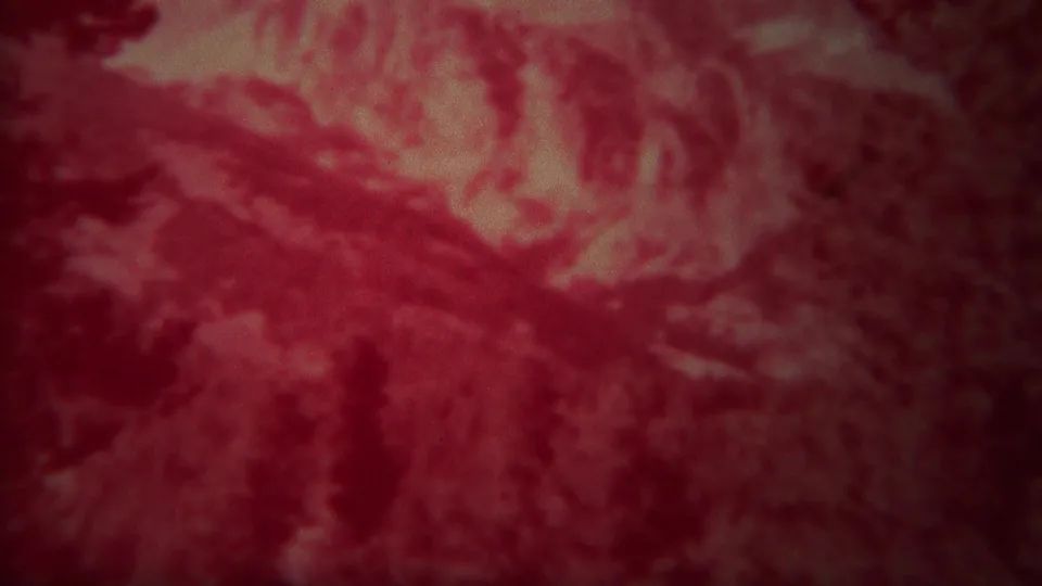 Red-shifted Yellowstone mountain landscape on 8mm film, with pale slope detail and dark conifer shapes near the frame edges.