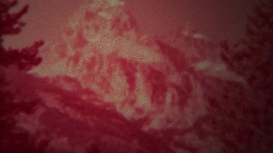 Red-tinted 8mm view of Yellowstone mountain peaks and dark trees, with strong grain and soft atmospheric haze.