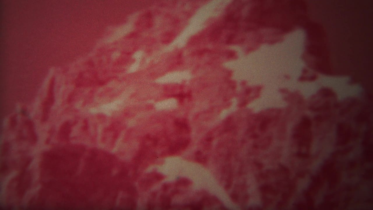 Red-tinted mountain range with bright snow patches and a dark tree near center.