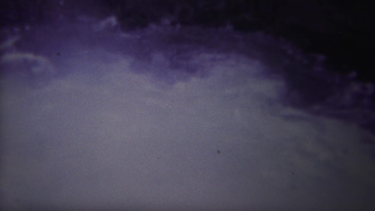 1967 Yellowstone home-movie frame showing agitated river water below a dark bank or rock edge, with heavy grain and purple-gray color shift.