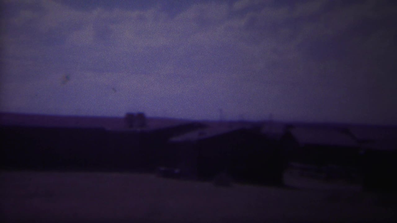 Low houses and rooflines under a dark purple sky.