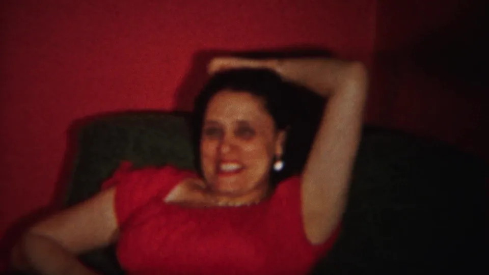 A close home-movie frame shows the woman smiling toward the camera in the Westville interior.