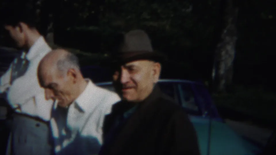 At the outdoor gathering, a man in a white shirt looks downward while a fedora-wearing man smiles near the parked car.