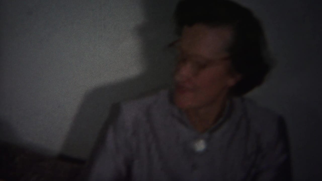 Older woman with glasses seated indoors against a plain wall, softly lit and slightly blurred.