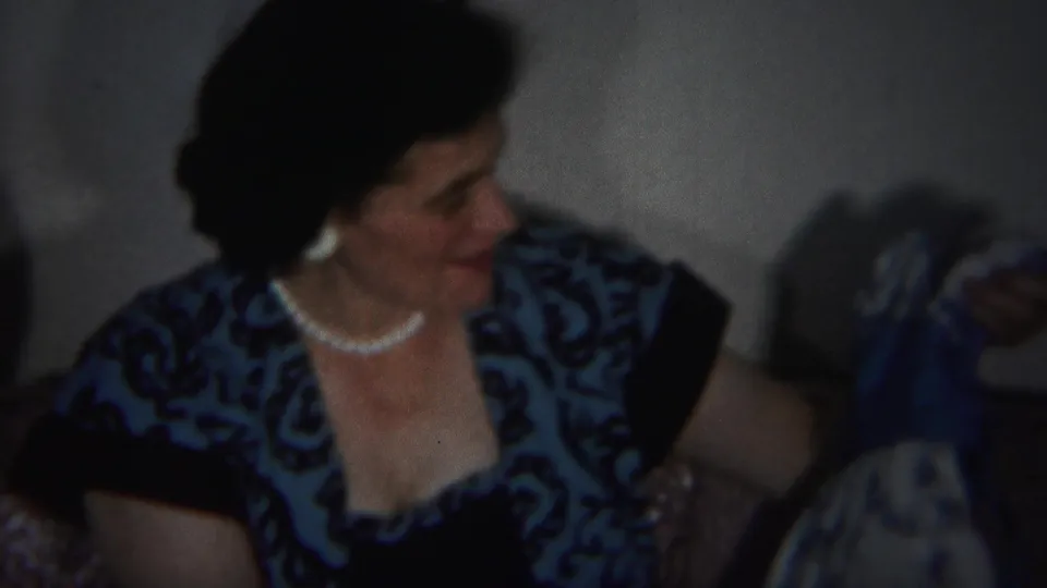 A woman in a blue patterned dress and pearl necklace turns to the side inside a Westville, New Jersey home in 1951 footage.