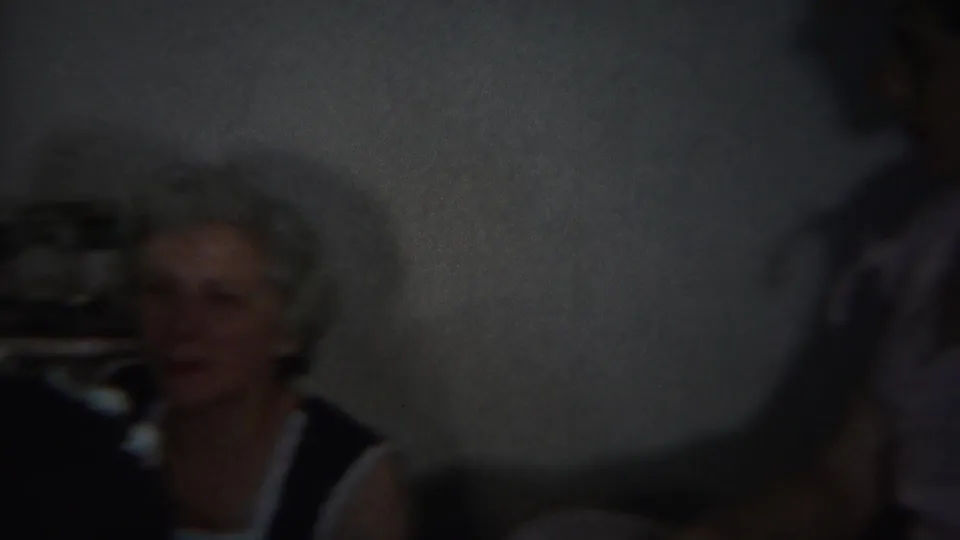 Low-light 1951 Westville home-movie frame showing an older woman seated indoors with other blurred figures nearby.