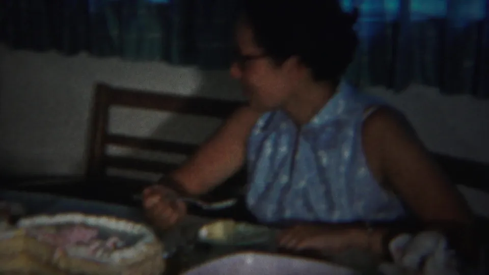 The woman turns in profile at a Westville home table, with a frosted cake, red bowl, dishes, and chair visible.