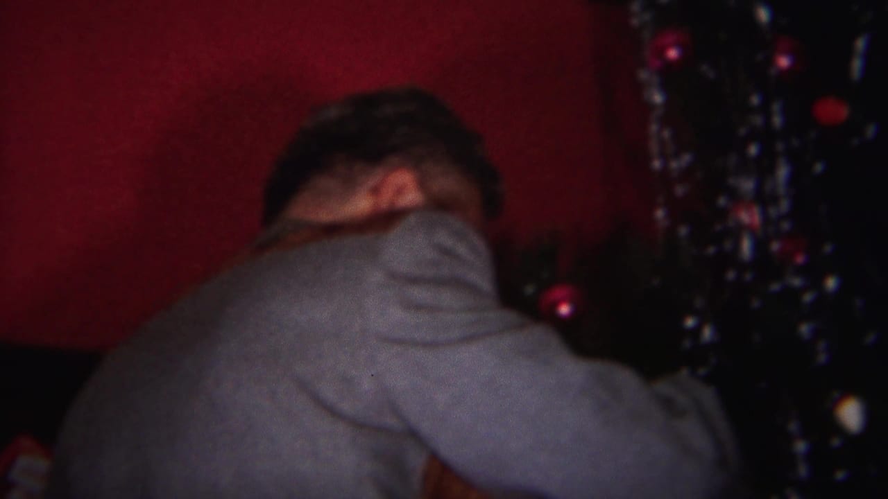Man in a gray sweater leans toward a Christmas tree against a red wall.