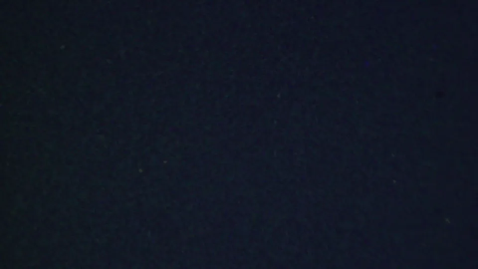 Dark 8mm frame from the supplied 1959 Paramus reel, with blue-black grain, slight mottling, and a small light speck near the lower right.