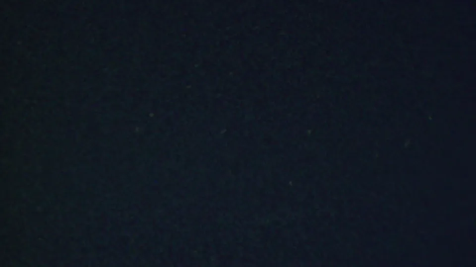 A nearly black 8mm frame with visible grain and color mottling, preceding the dinner table view in the Paramus home movie.
