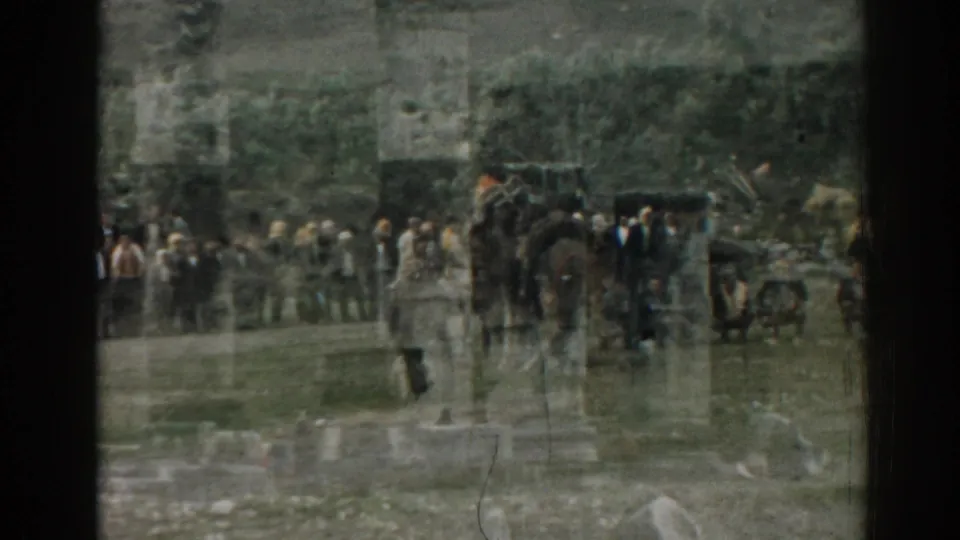 Tourists stand near a site sign with animals, carts, and vehicles visible at the Ephesus ruins.