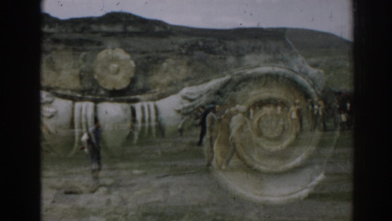 1962 Ephesus frame showing visitors and a tan bear near large spiral-patterned architectural fragments in a handheld 8mm view.