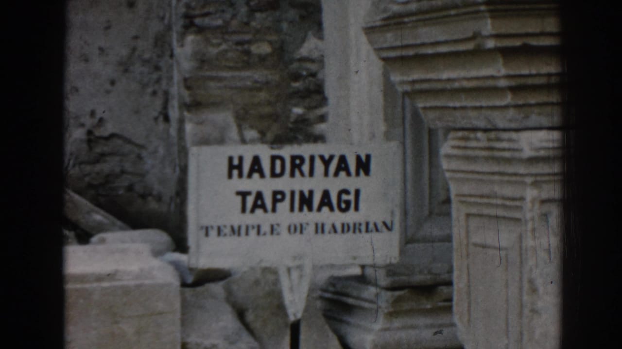 1962 Ephesus travel frame with the Temple of Hadrian sign near carved stone trim, masonry, and dark 8mm frame borders.