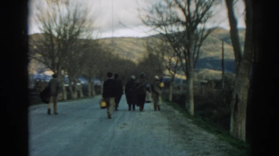 A group of visitors walks down a rural road near Ephesus, with bare trees, fencing, and hills in view.