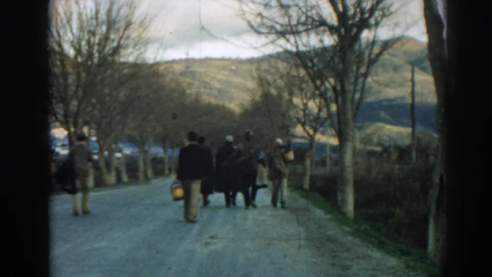 1962 Turkey home-movie frame showing a small group walking away on a tree-lined rural road toward low hills.