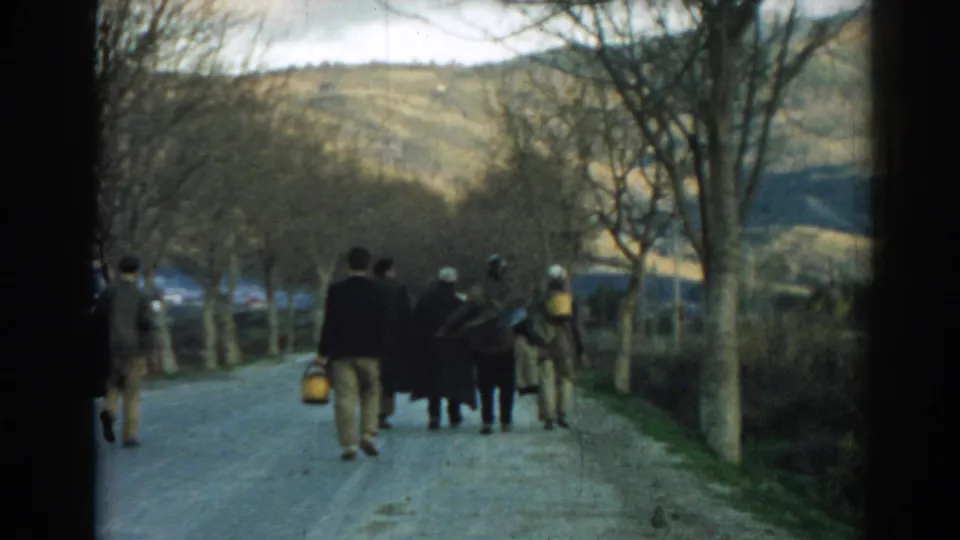 1962 Turkey travel footage frame with people in coats walking along a rural road through trees and open countryside.