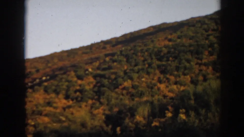 Final 1962 Ephesus 8mm frame emphasizing the dry green-brown hillside, pale sky, and dark edge framing.