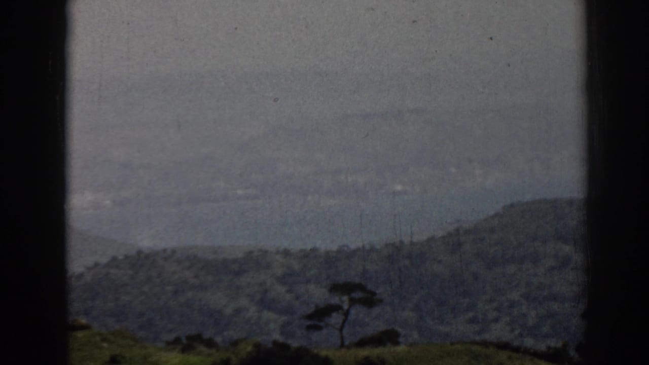 1962 8mm travel view near Ephesus, Turkey, showing hazy hills, water, fields, and a small tree through dark window-like borders.