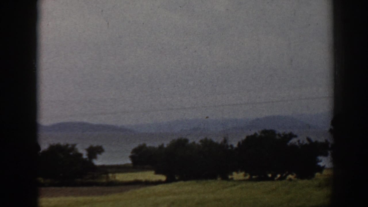 Late-frame 8mm landscape view near Ephesus, showing a tree-lined field and hazy hills in the distance.
