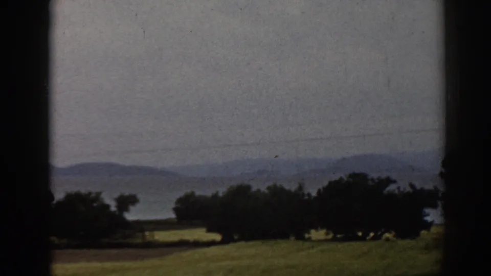 Late-frame 8mm landscape view near Ephesus, showing a tree-lined field and hazy hills in the distance.