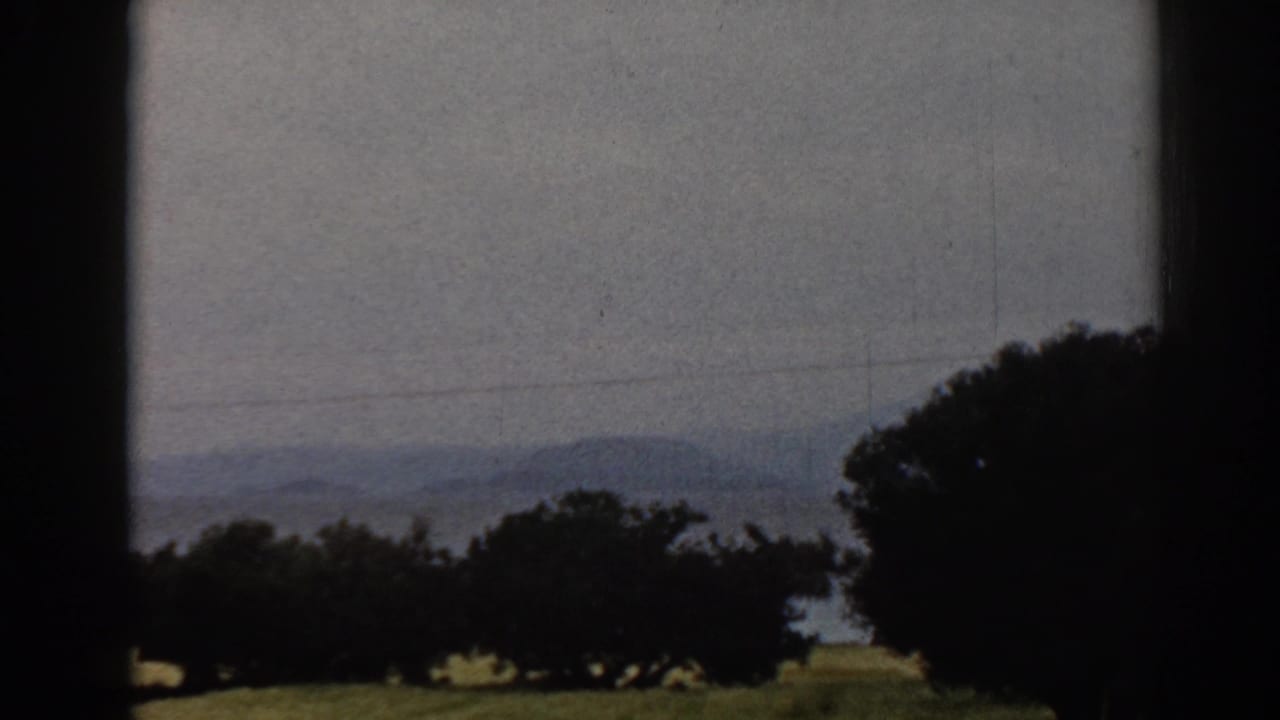 1962 Ephesus countryside frame with silhouetted trees in front of grass, distant hills, faint power lines, and a muted sky.