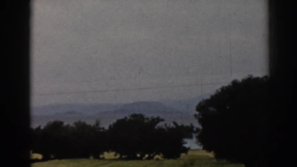 1962 Ephesus countryside frame with silhouetted trees in front of grass, distant hills, faint power lines, and a muted sky.