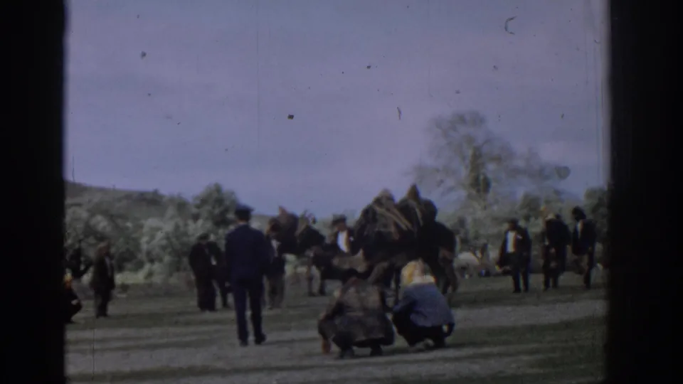 1962 Izmir home-movie frame showing camels on grass while adults in dark clothing watch or crouch nearby.