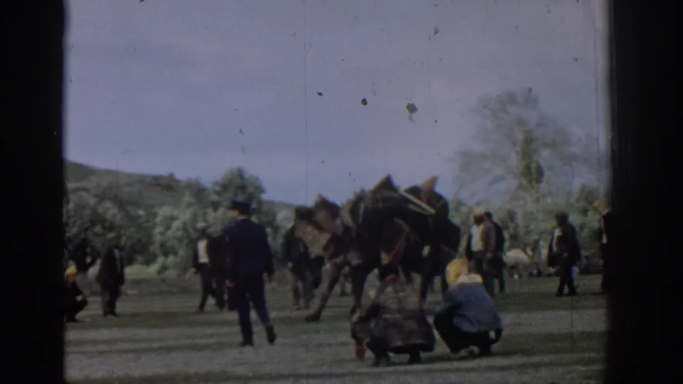 1962 Izmir 8mm frame showing adults in suits and caps near camels, with trees and hills in the background.