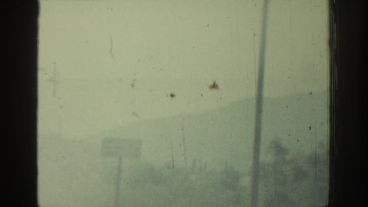 Hazy roadside view seen through dark vehicle-window divisions with dust and film marks.