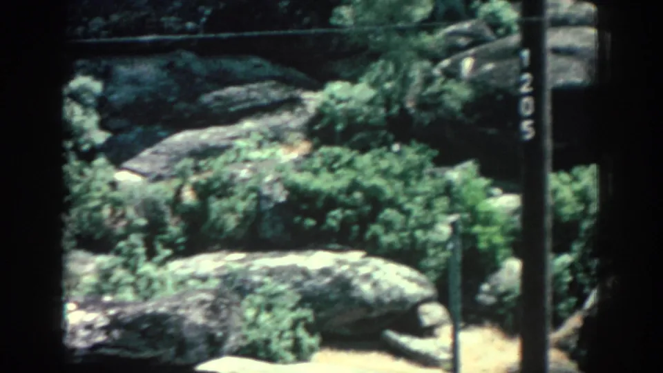 Rhodes 1962 home-movie frame showing enclosure rocks, low greenery, pale ground, and possible fence posts at the edge.