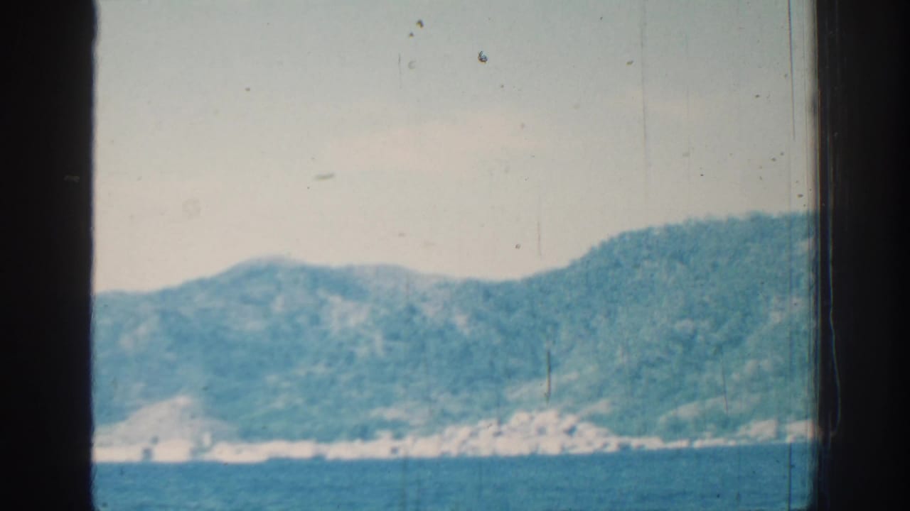 Distant wooded coastline across calm blue sea, framed by dark vertical film or window edges.