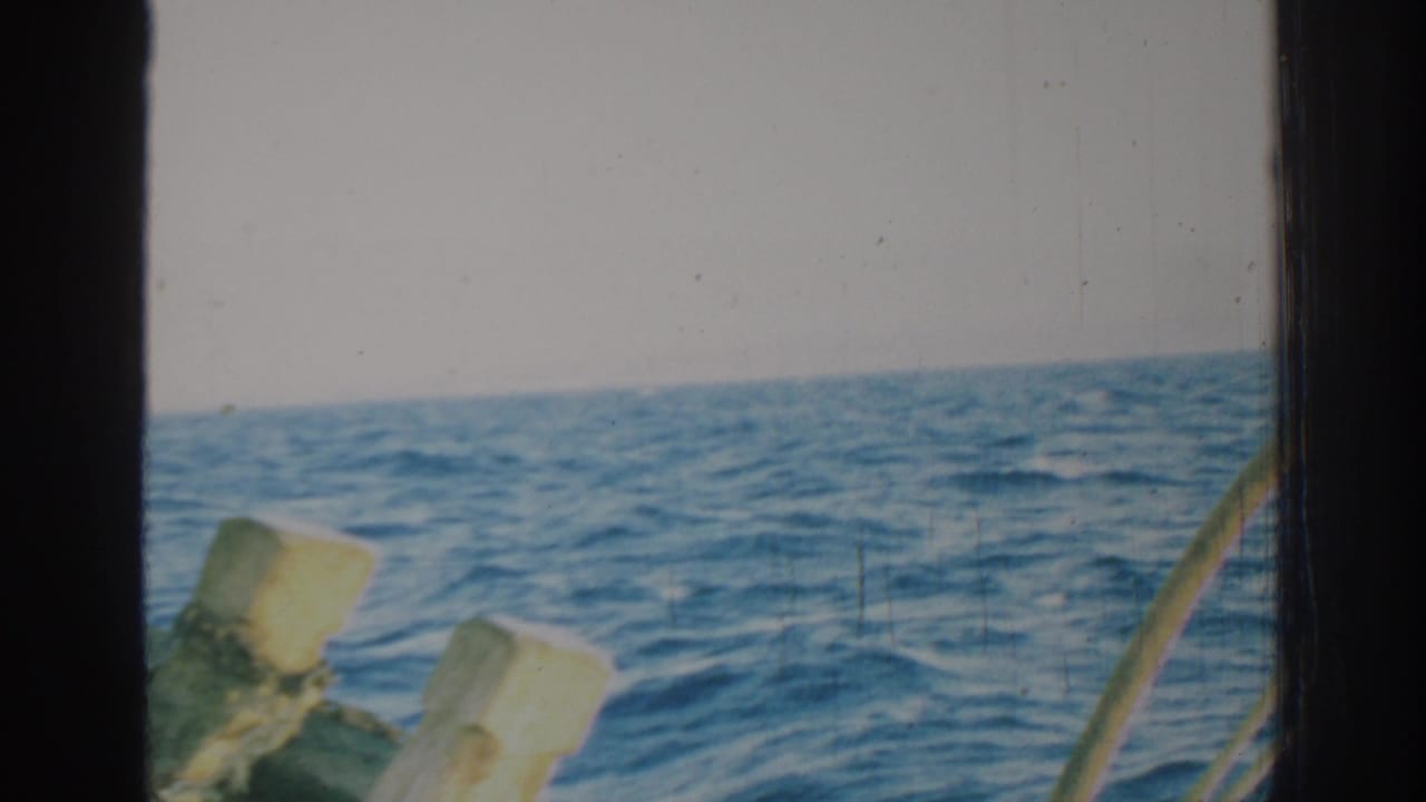 Blue sea and horizon with wooden boat parts in the foreground.