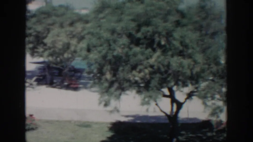 Late frame of the 1962 Rhodes garden pan, with a large tree, shaded grass, bright paving, and partially visible outdoor seating.