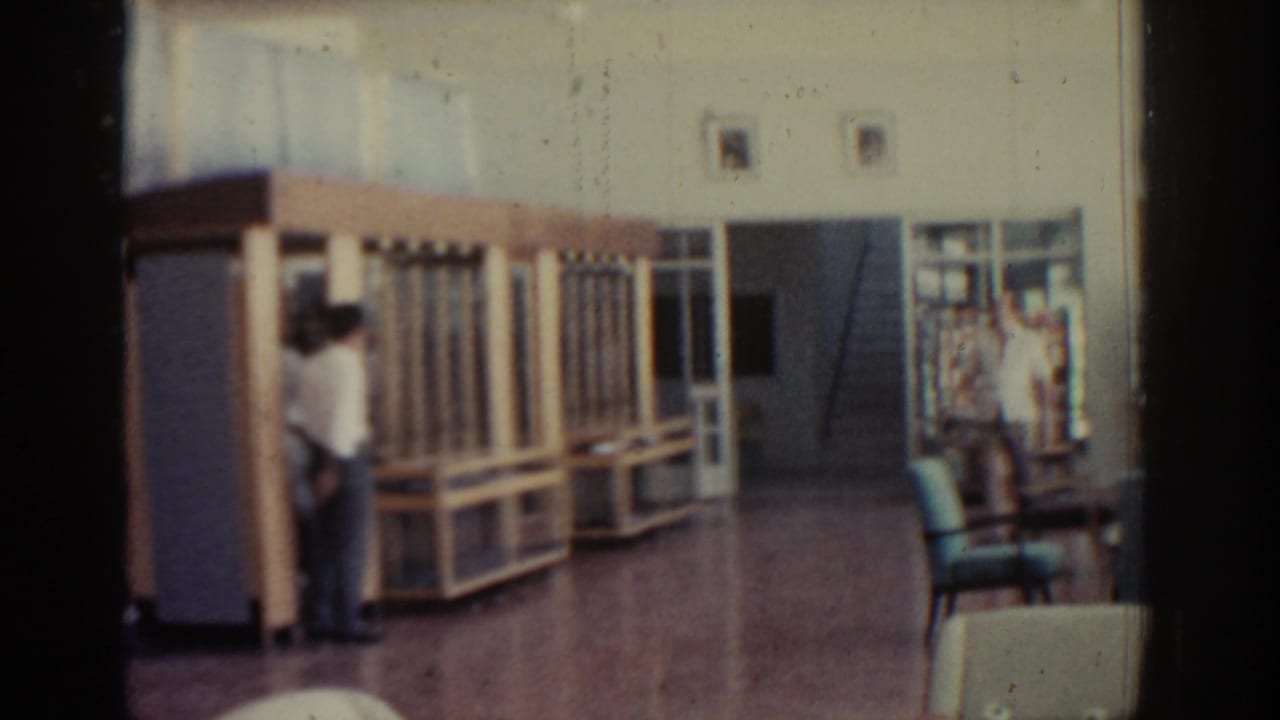 Museum interior with wooden display cases and a man standing nearby.
