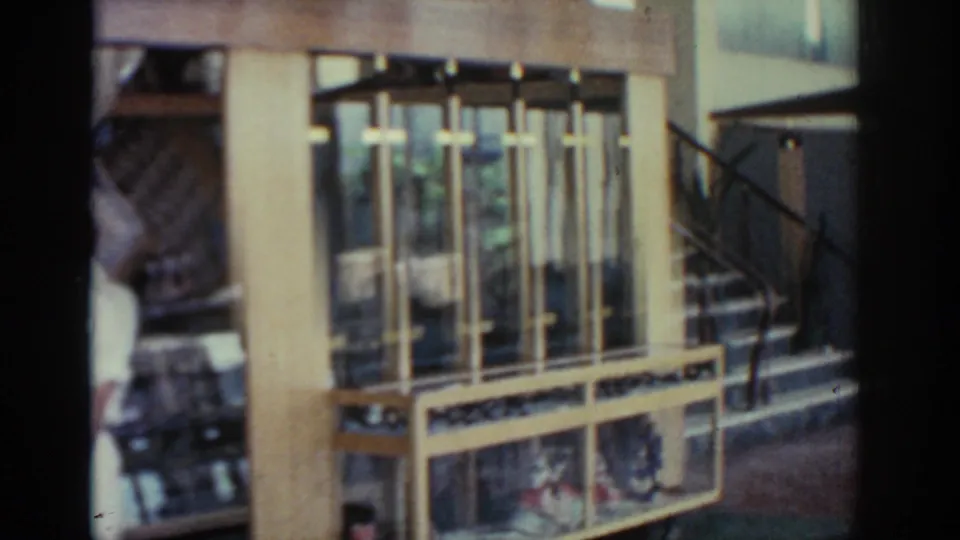 Rhodes museum interior frame showing a glass-fronted display case, wooden supports, stair rail, and partial figure at the edge.