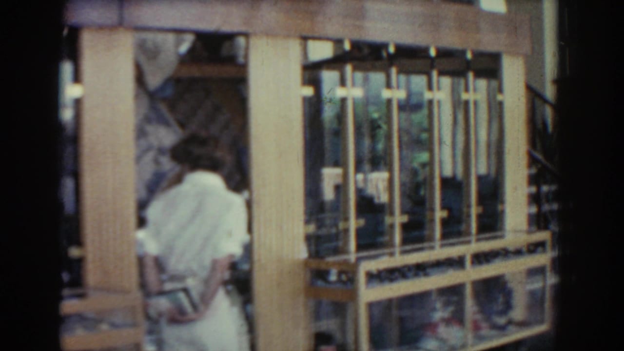In 1962 Rhodes, Greece, a person in a white shirt is seen beside a gold-framed glass display case inside a shop.
