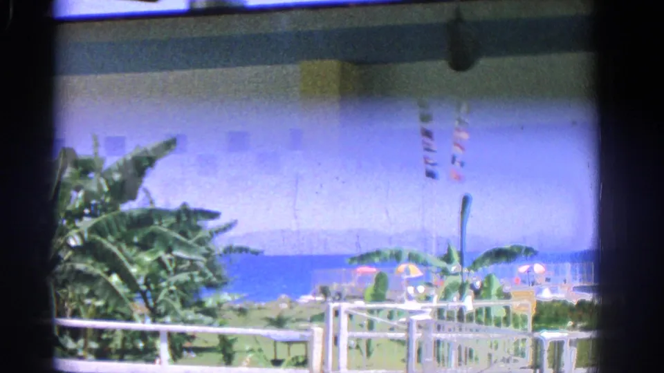 1962 Rhodes waterfront view with sea horizon, promenade railings, garden plants, umbrellas, and tall striped flags.