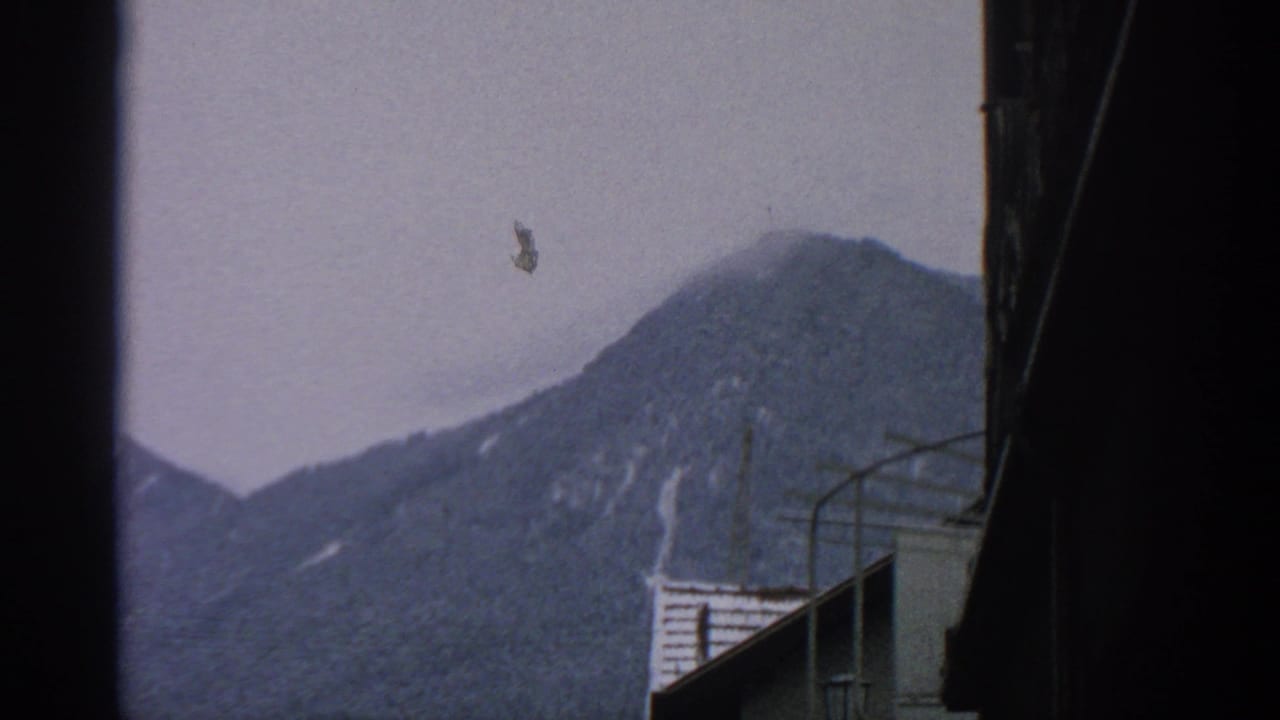 1963 8mm view in Munich, Germany, showing snow-dusted mountains beyond town buildings and a dark vertical film edge.