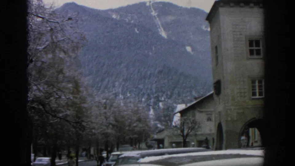 Munich-area town view with forested, snow-marked mountains, bare roadside trees, parked cars, and a pale stone building.