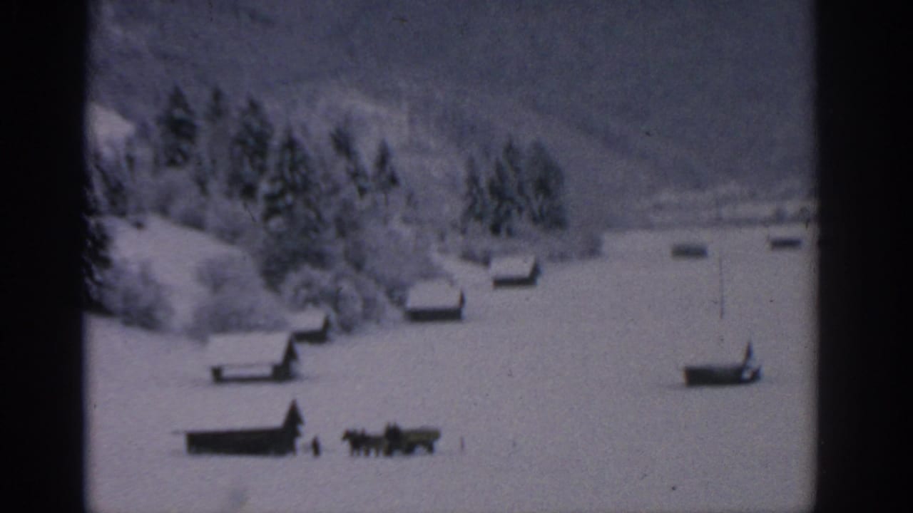 Snowy hillside with small dark cabins and trees in the background.
