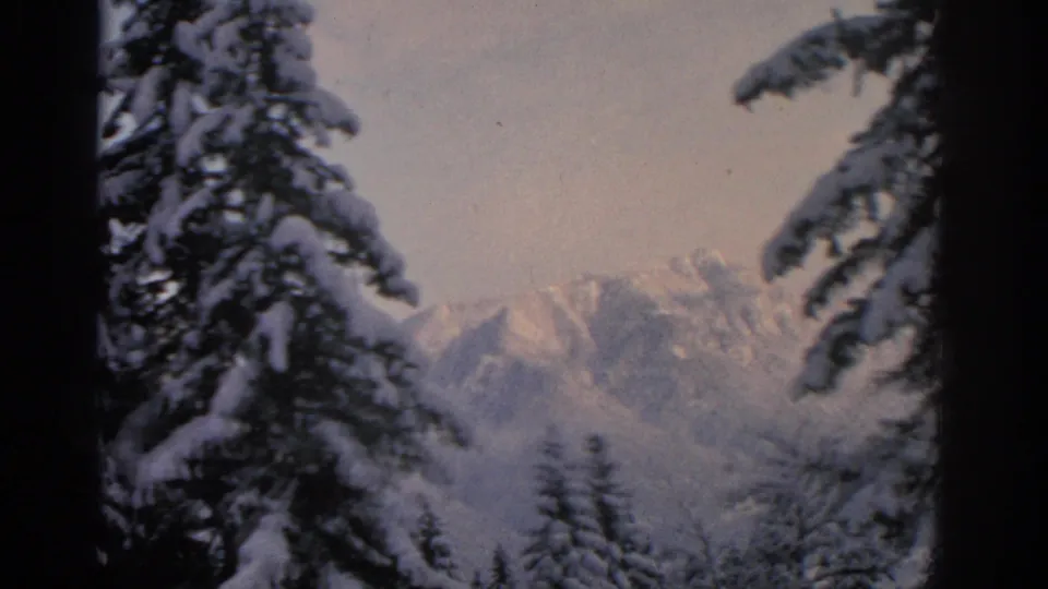 Vintage 8mm winter frame near Munich with snow-heavy spruce trees and hazy mountain ridges beyond.