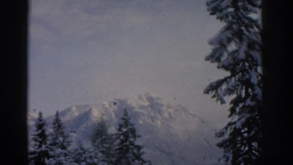 A soft 8mm frame shows snowy alpine ridges behind dark evergreens in a Munich-area winter landscape.